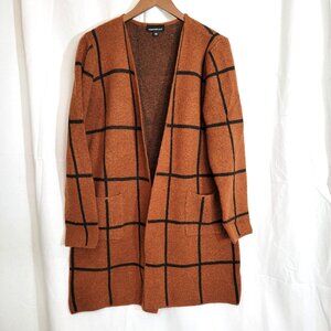 Fortune + Ivy Brown & Black Grid Print Open Front Cardigan Sweater Pockets Large